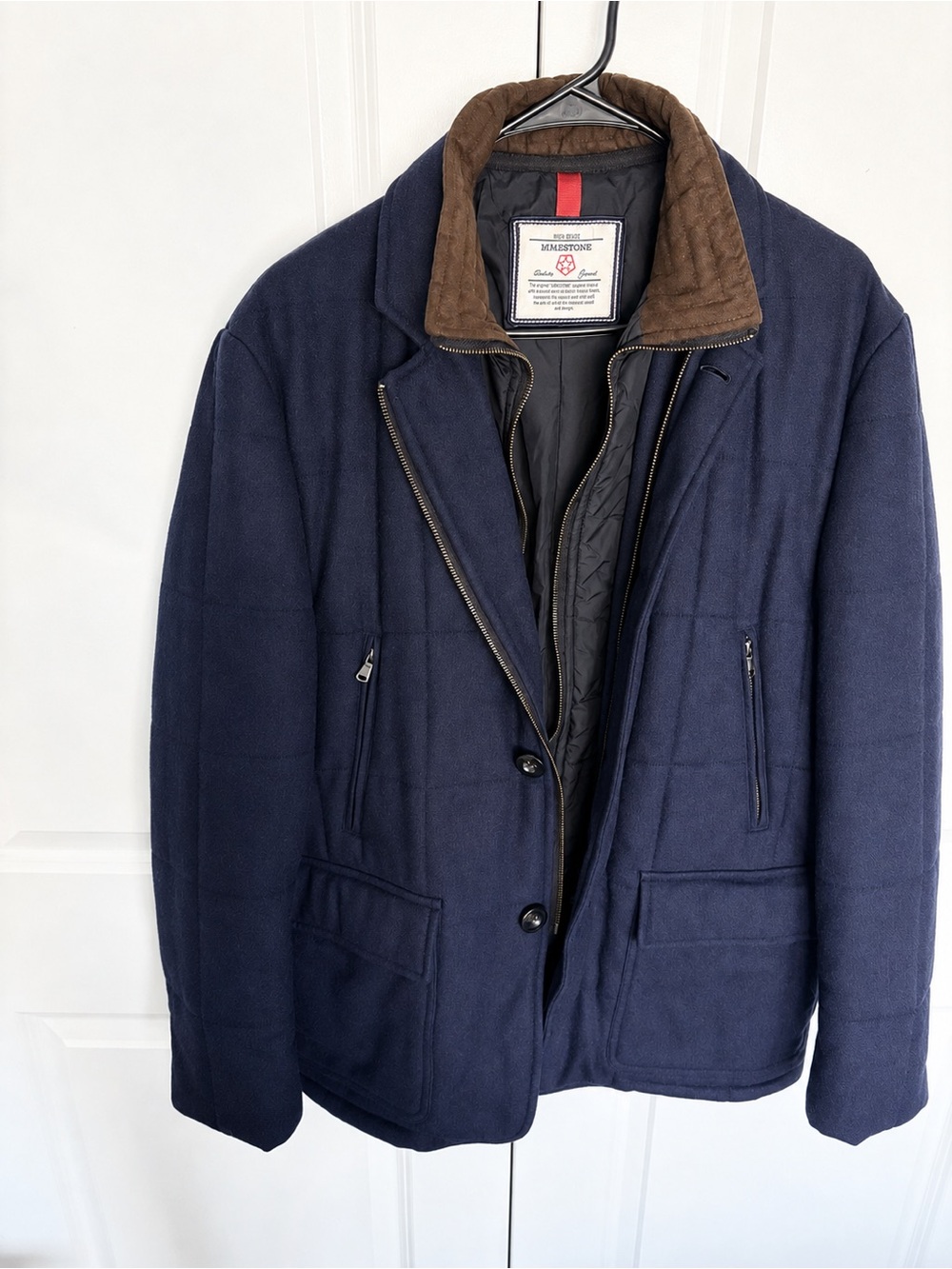 Men's Navy Wool-Blend Coat with Brown detachable layer